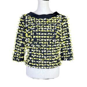 Worth New York Navy Faille Fringe Bright Yellow V-back Tailored Evening Top